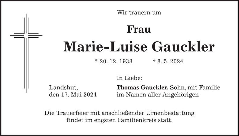 Traueranzeige Marie-Luise Gauckler