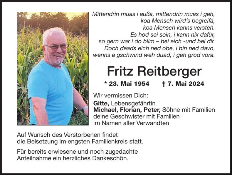 Traueranzeige Fritz Reitberger