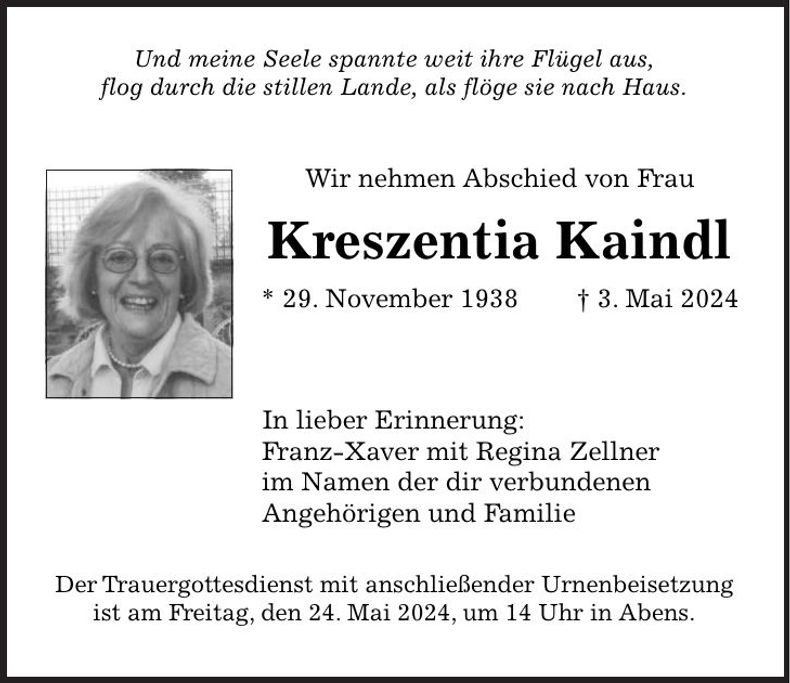 Traueranzeige Kreszentia Kaindl