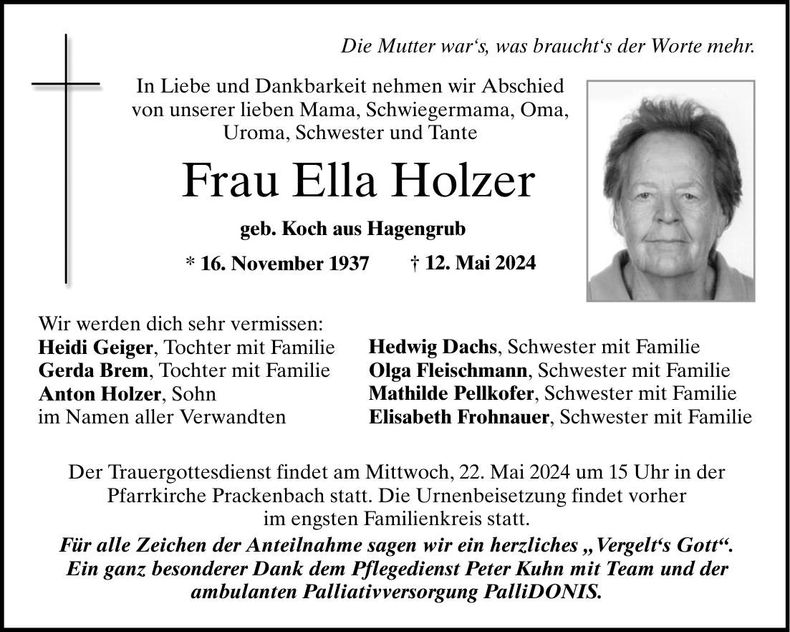 Traueranzeige Ella Holzer