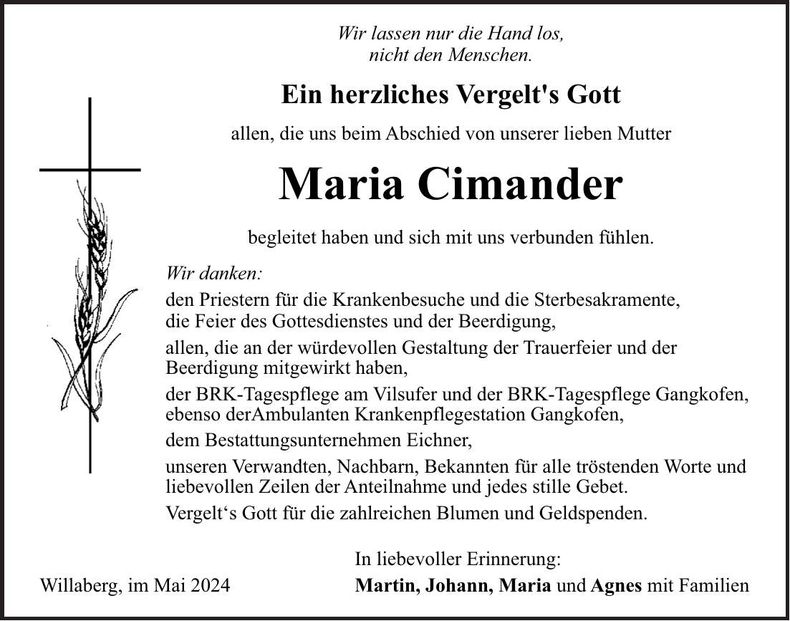 Traueranzeige Maria Cimander