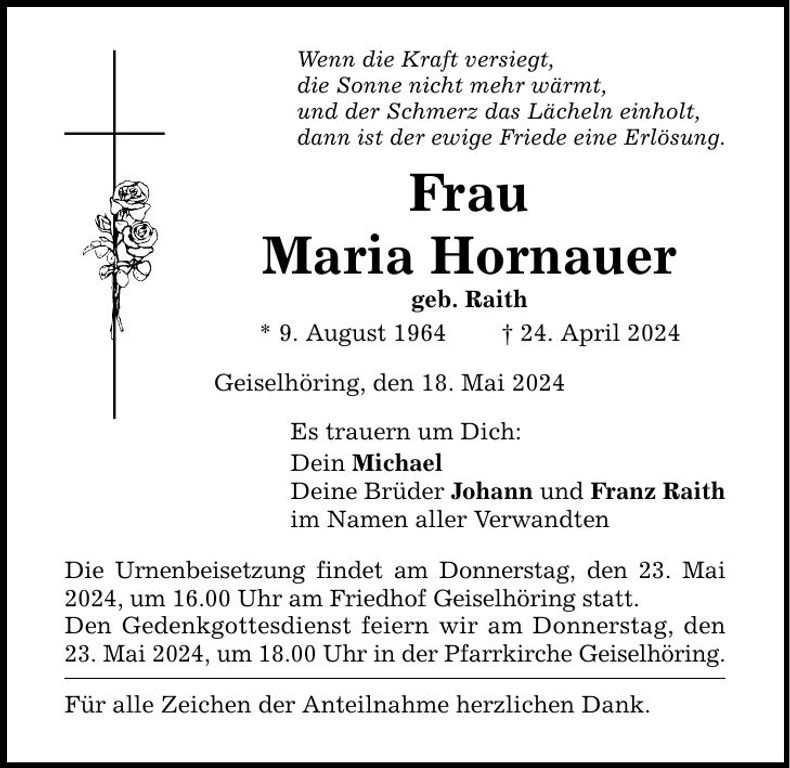 Traueranzeige Maria Hornauer
