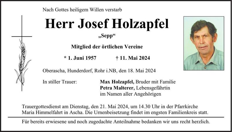 Traueranzeige Josef Holzapfel