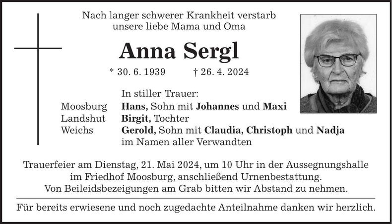 Traueranzeige Anna Sergl