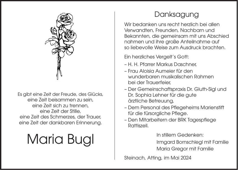 Traueranzeige Maria Bugl