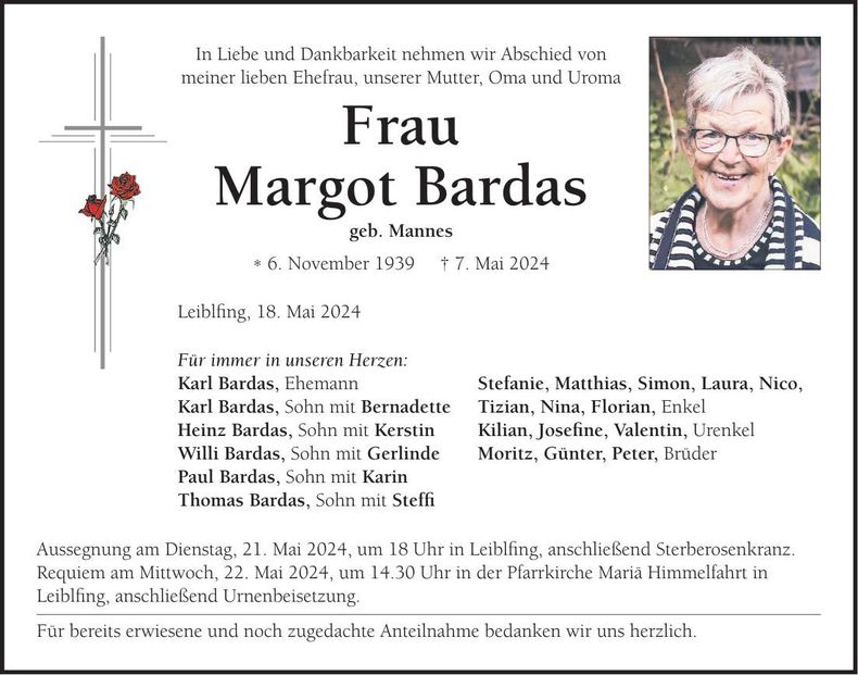 Traueranzeige Margot Bardas