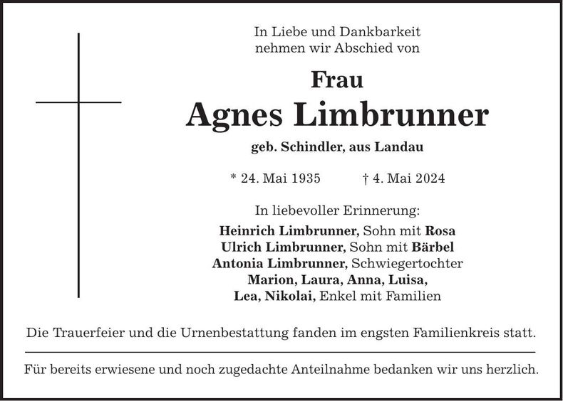 Traueranzeige Agnes Limbrunner