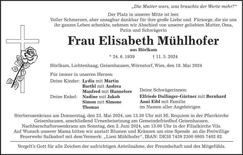 Traueranzeige Elisabeth Mühlhofer