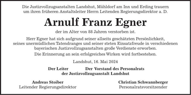 Traueranzeige Arnulf Franz Egner