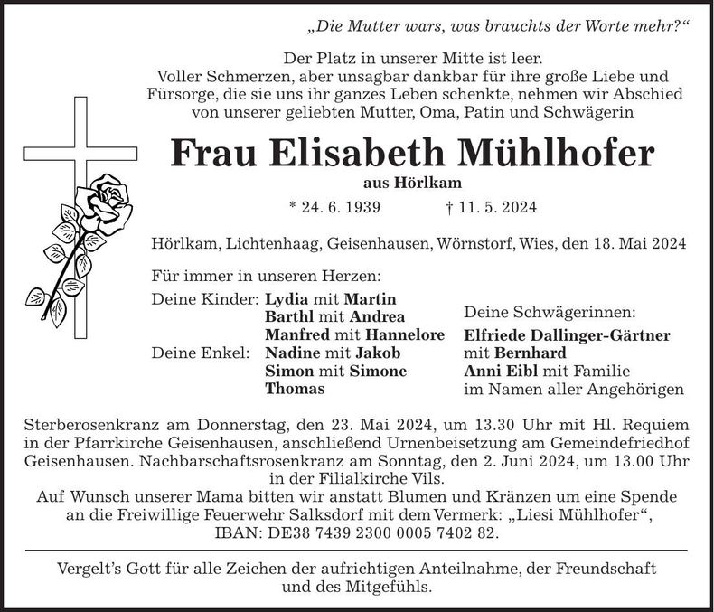 Traueranzeige Elisabeth Mühlhofer