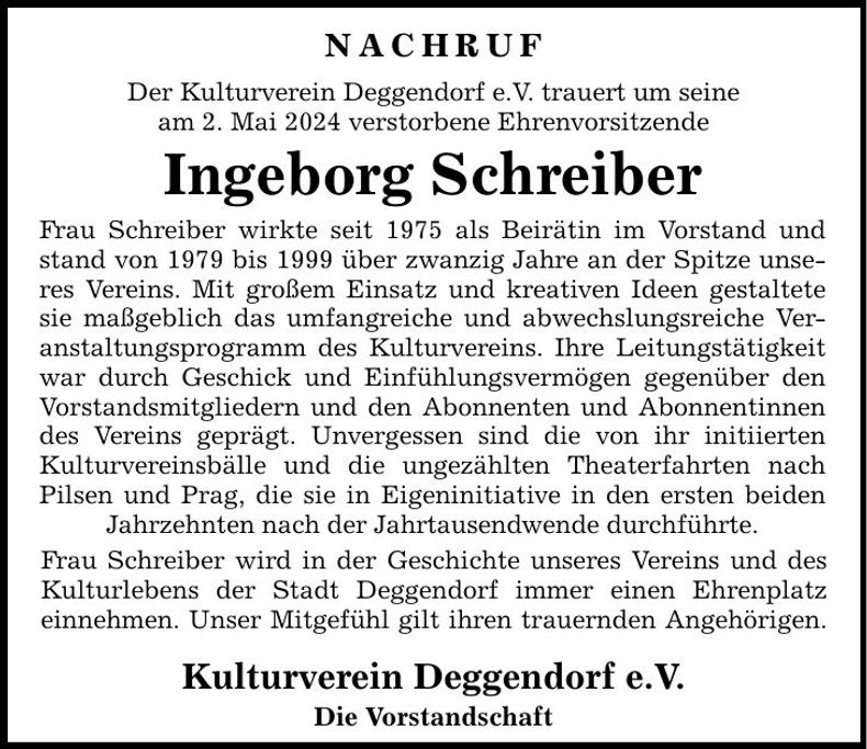 Traueranzeige Ingeborg Schreiber