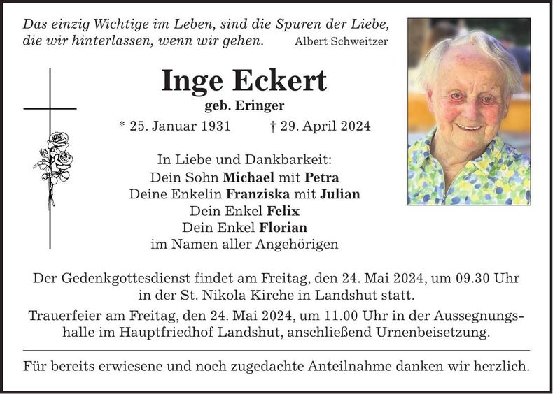 Traueranzeige Inge Eckert