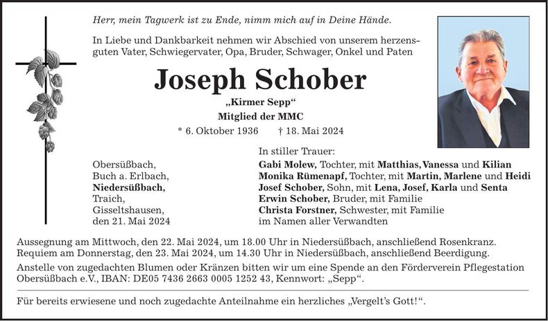 Traueranzeige Joseph Schober