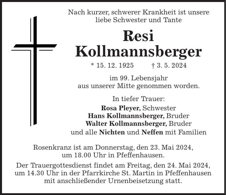 Traueranzeige Resi Kollmannsberger