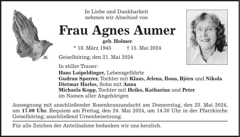 Traueranzeige Agnes Aumer