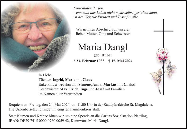 Traueranzeige Maria Dangl