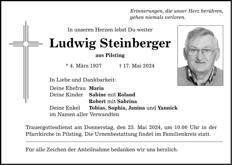 Traueranzeige Ludwig Steinberger