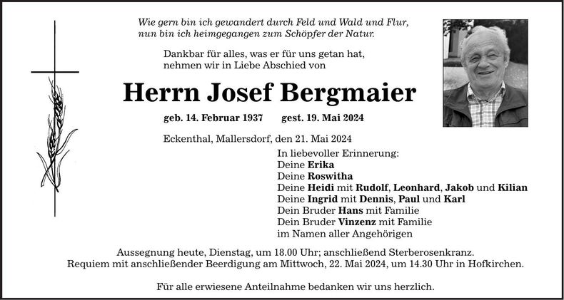 Traueranzeige Josef Bergmaier