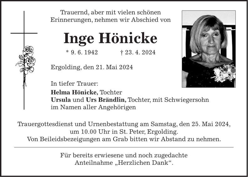 Traueranzeige Inge Hönicke