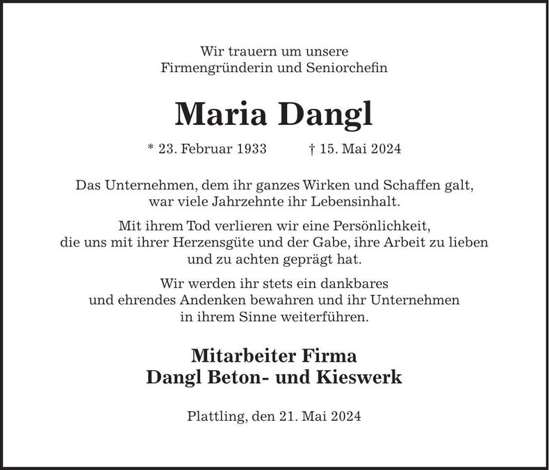 Traueranzeige Maria Dangl