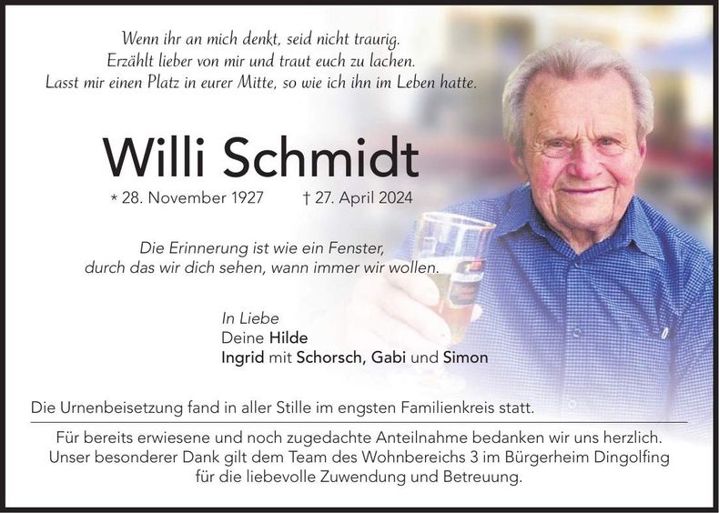Traueranzeige Willi Schmidt