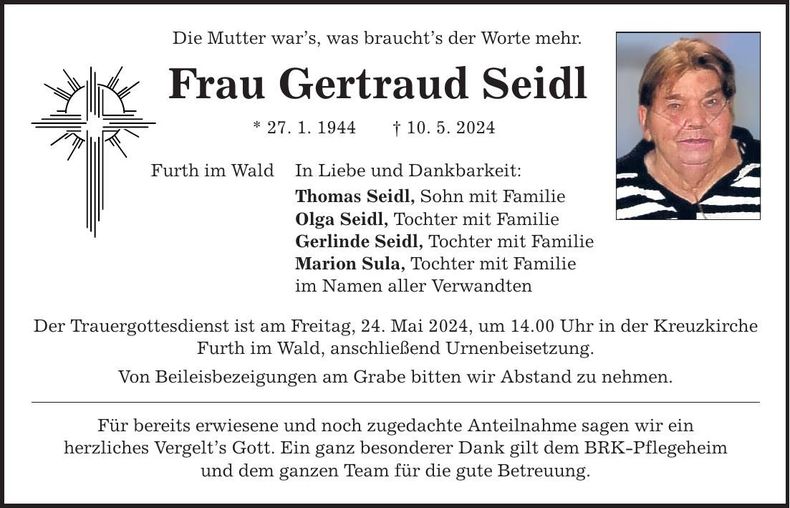 Traueranzeige Gertraud Seidl
