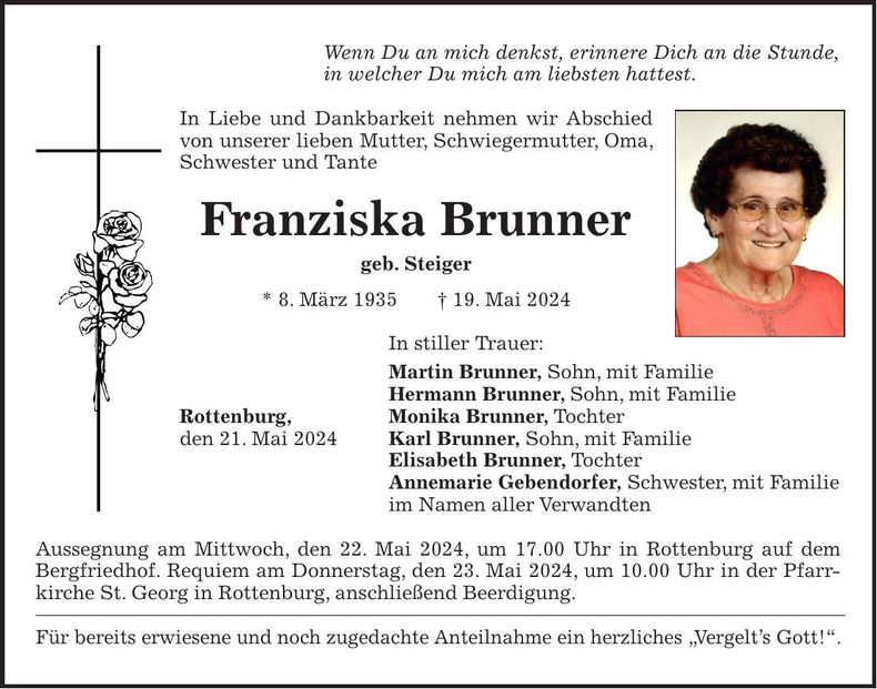 Traueranzeige Franziska Brunner
