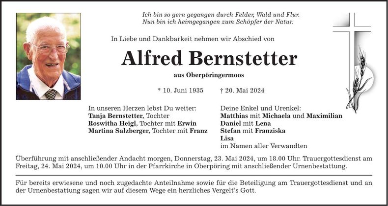 Traueranzeige Alfred Bernstetter