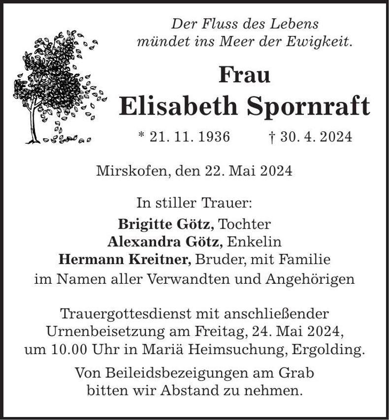 Traueranzeige Elisabeth Spornraft