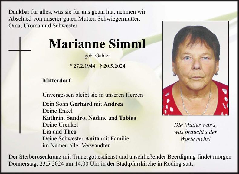 Traueranzeige Marianne Simml