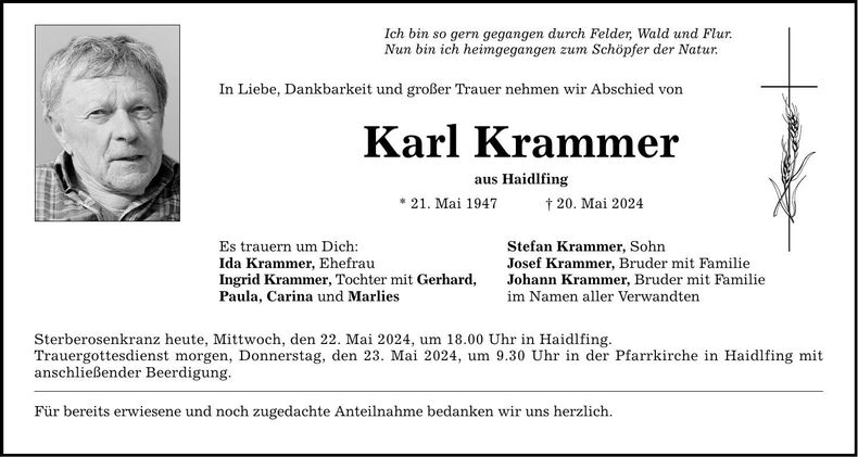 Traueranzeige Karl Krammer