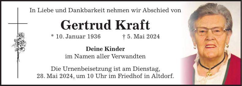 Traueranzeige Gertrud Kraft