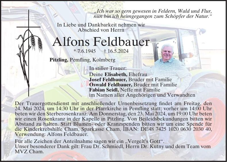 Traueranzeige Alfons Feldauer