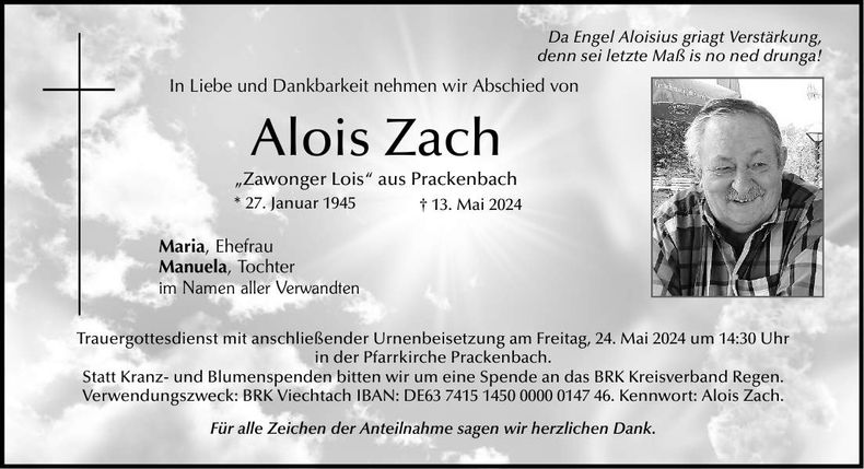 Traueranzeige Alois Zach