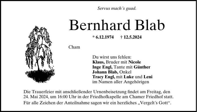 Traueranzeige Bernhard Blab