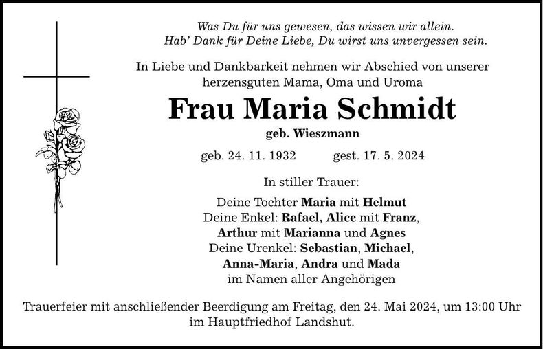 Traueranzeige Maria Schmidt