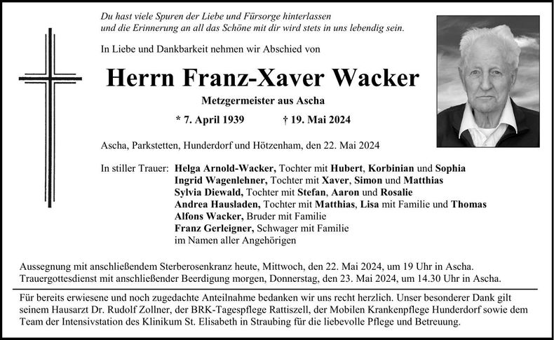Traueranzeige Franz-Xaver Wacker
