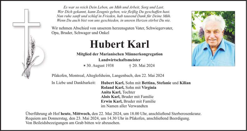 Traueranzeige Hubert Karl