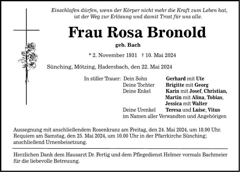 Traueranzeige Rosa Bronold
