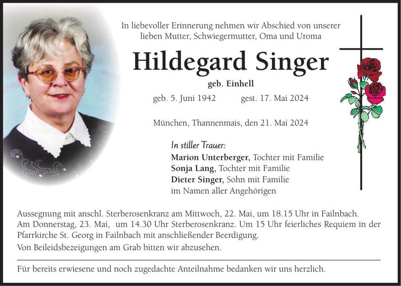 Traueranzeige Hildegard Singer