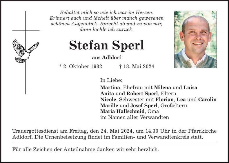 Traueranzeige Stefan Sperl