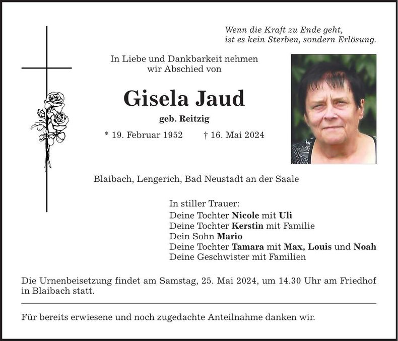 Traueranzeige Gisela Jaud