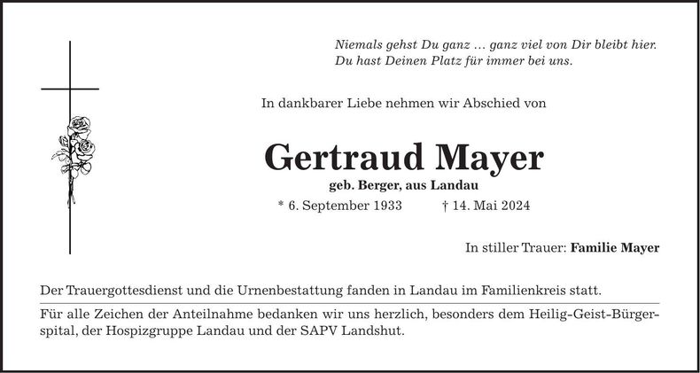 Traueranzeige Gertraud Mayer