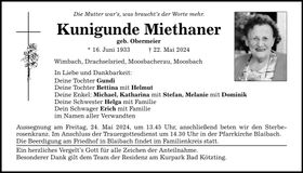 Traueranzeige Kunigunde Miethaner