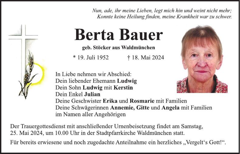 Traueranzeige Berta Bauer