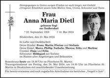 Traueranzeige Anna Maria Dietl