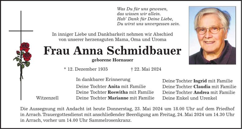 Traueranzeige Anna Schmidbauer