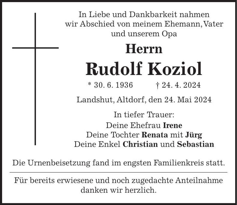 Traueranzeige Rudolf Koziol