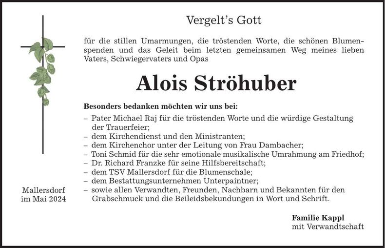 Traueranzeige Alois Ströhuber