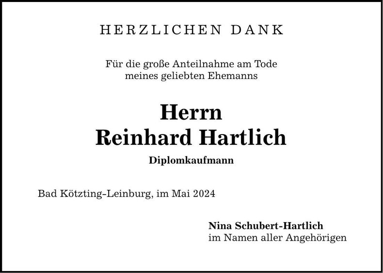 Traueranzeige Reinhard Hartlich